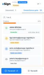 Saņēmēja eSign skats telefonā ar pogām Parakstīt un Noraidīt