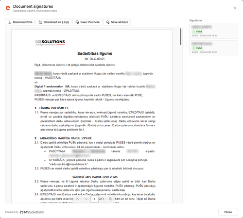 eParakstīt pārbaudes logs SharePoint: līguma saturs, paraksti ar statusu Derīgs un lejupielādes pogas